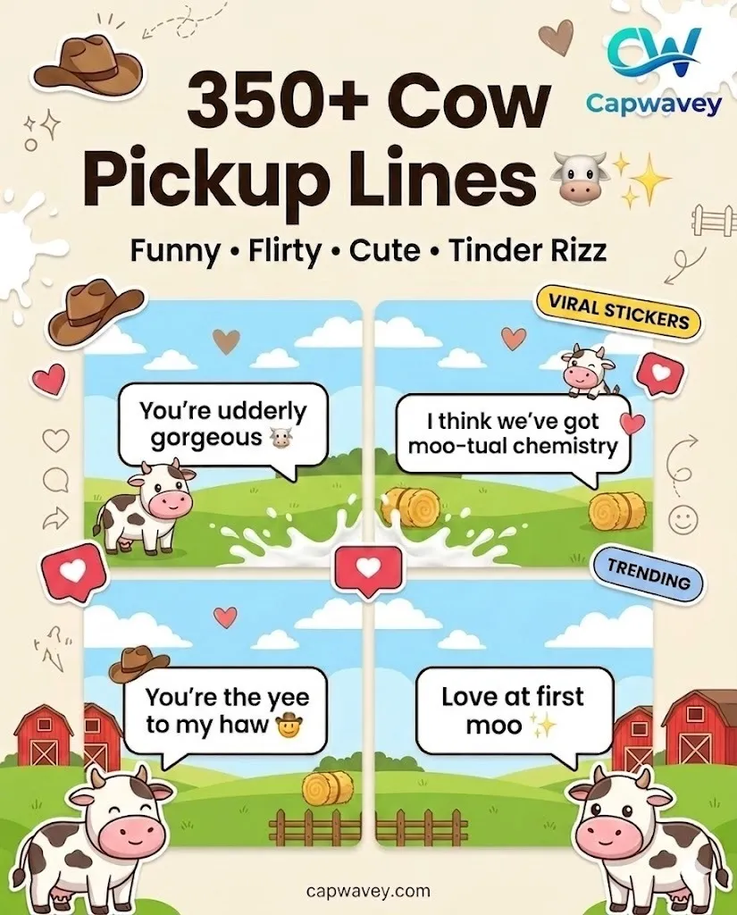 Funny cow pickup lines infographic featuring cute cartoon cows, cowboy-themed flirting jokes, dairy puns, romantic ranch humor, and viral Instagram-style cow rizz captions for 2026.