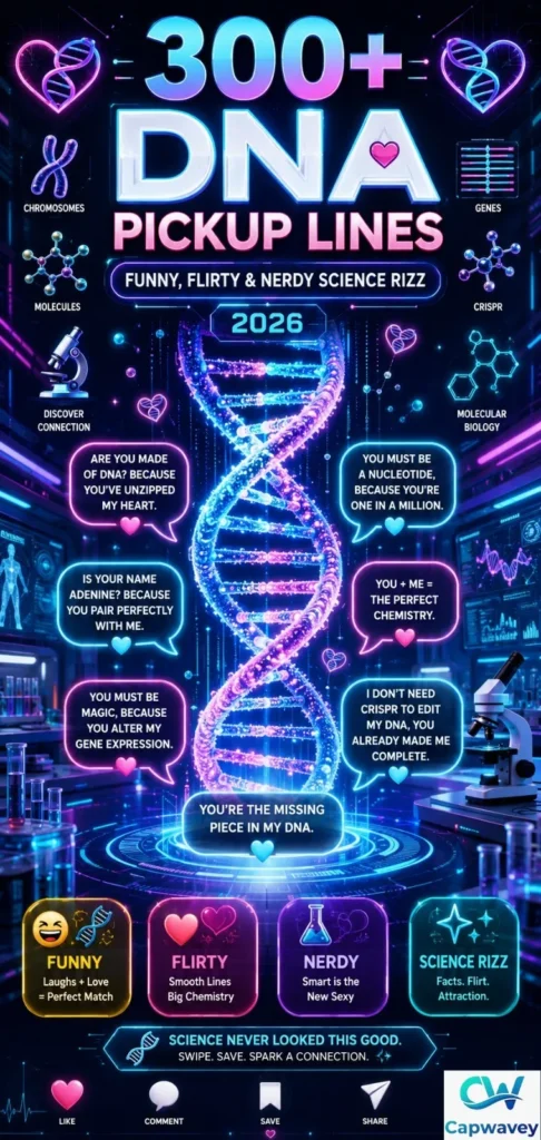 300+ DNA pickup lines infographic featuring a glowing DNA double helix, genetics-themed science rizz quotes, chromosomes, and futuristic biotechnology elements.