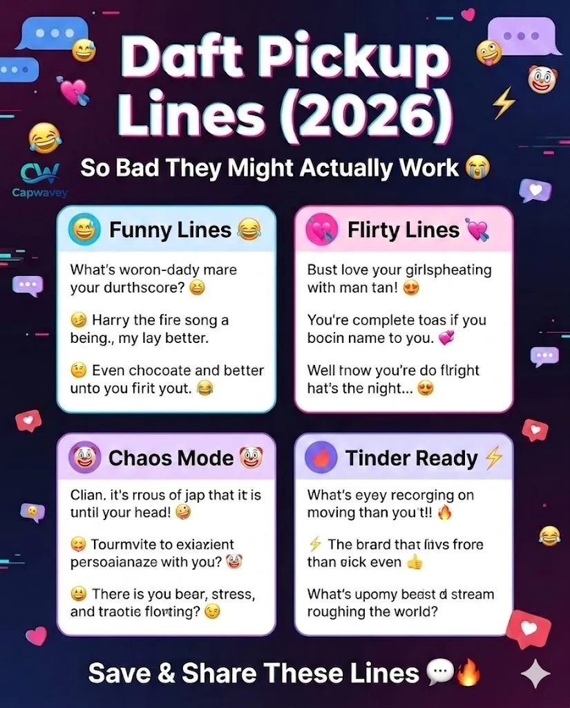 Infographic showing 2026 daft pickup lines categorized into funny, flirty, chaotic, and Tinder-ready sections with vibrant meme-style design.
