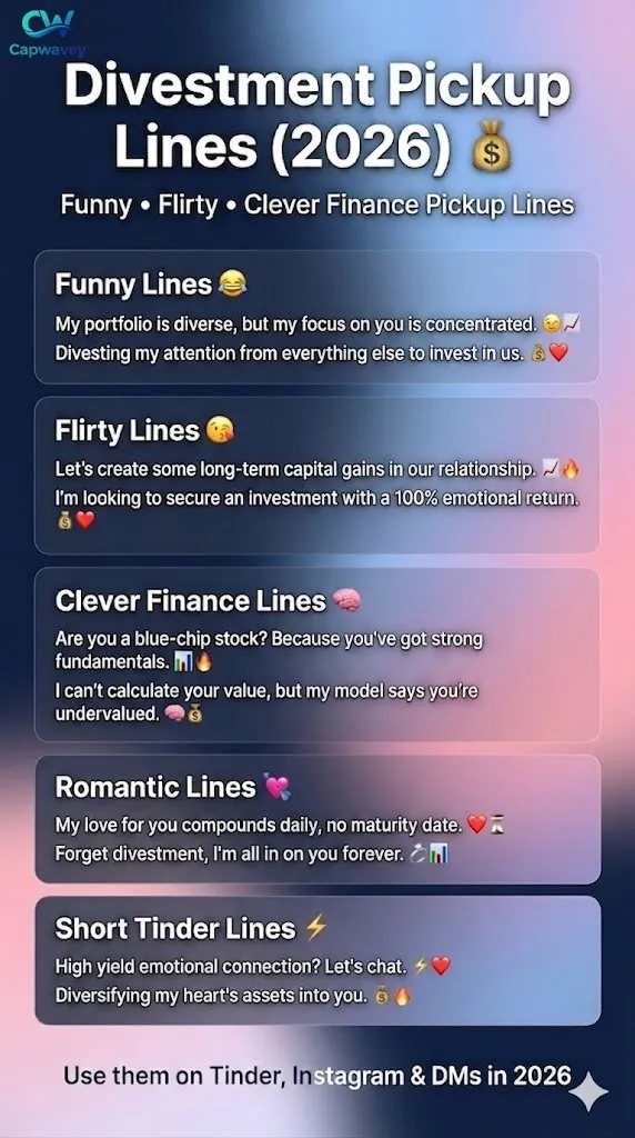 Infographic showing divestment pickup lines for 2026, including funny, flirty, clever, romantic, and short finance-inspired Tinder and Instagram pickup lines with modern aesthetic design.