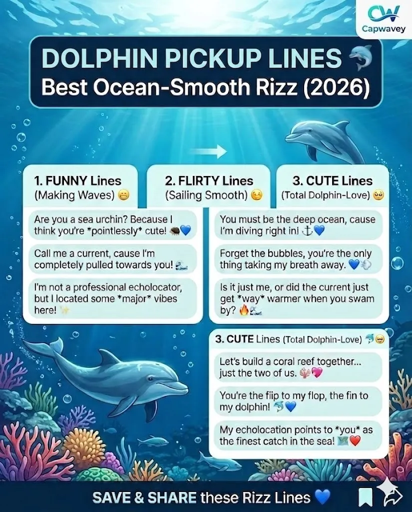 Dolphin pickup lines infographic featuring funny, flirty, and cute ocean-themed rizz lines for Tinder, Instagram, and beach dating in 2026.