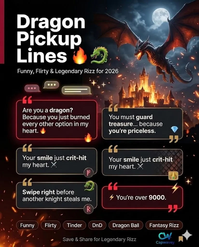 Fantasy-themed infographic titled “Dragon Pickup Lines (2026)” featuring fiery dragons, medieval castle visuals, glowing chat bubbles, and funny flirty dragon rizz quotes for Tinder, DnD, gamers, and fantasy fans.