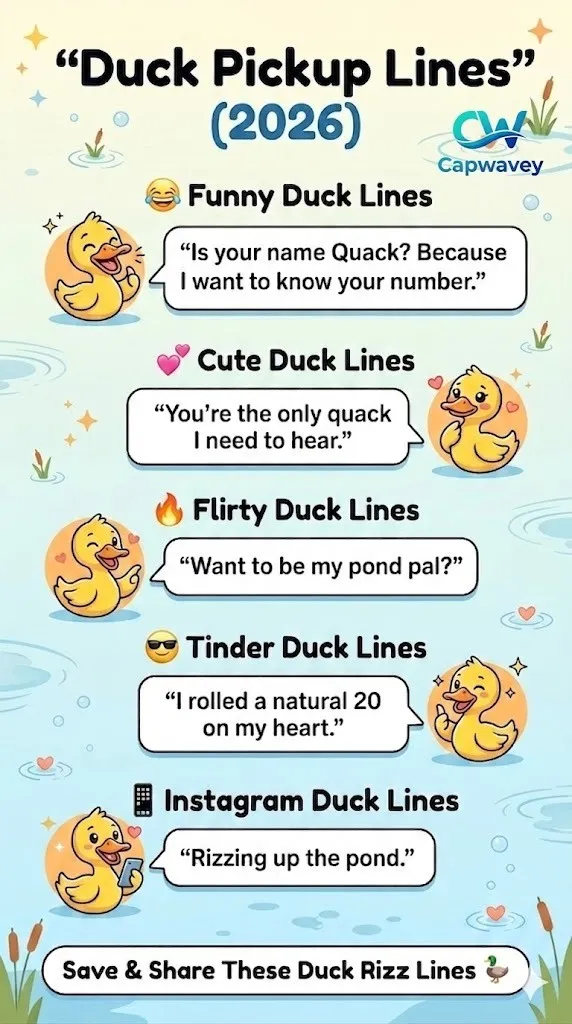 Duck pickup lines infographic showing funny, cute, and flirty quack rizz lines with cartoon ducks, meme-style design, and social media captions for dating and Instagram use.