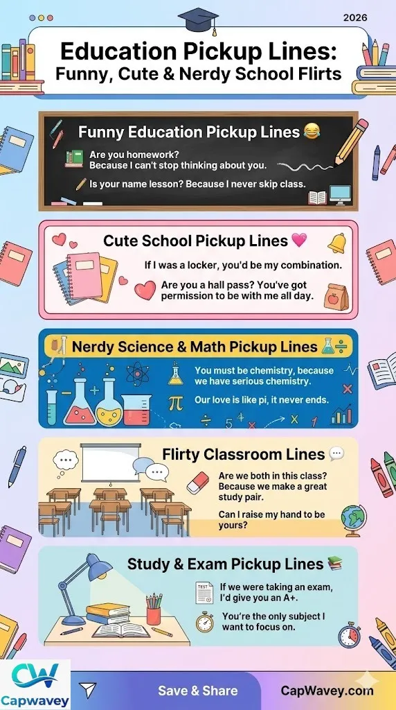 Education pickup lines infographic showing funny, cute, nerdy, and flirty school-themed pickup lines for students and social media captions.