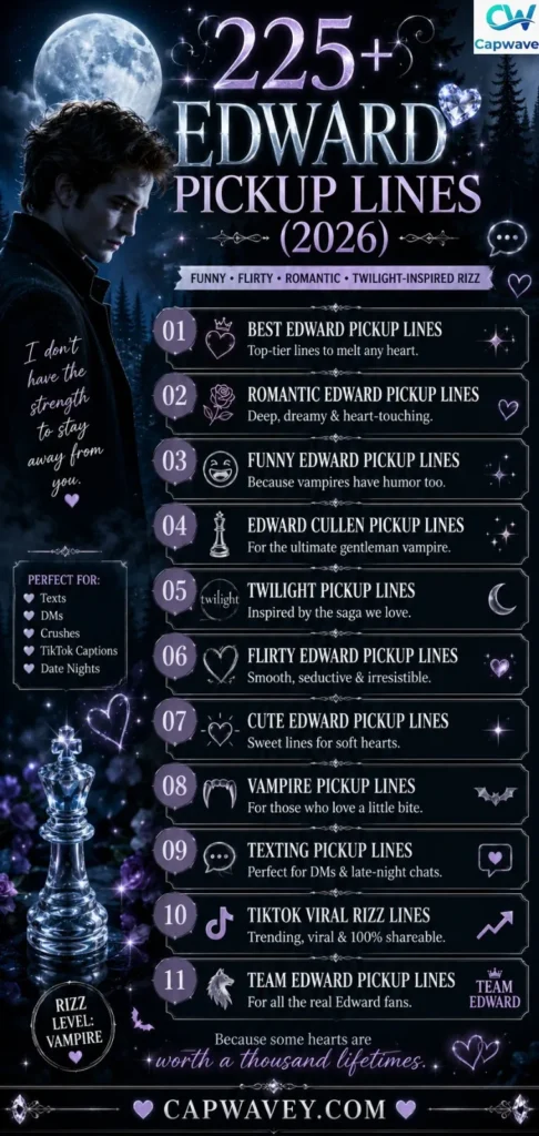 225+ Edward pickup lines infographic featuring funny, romantic, flirty, and Twilight-inspired Edward Cullen rizz lines with a cinematic vampire-themed design for 2026.