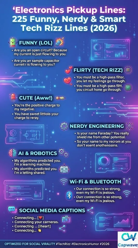 Electronics pickup lines infographic featuring 225 funny, nerdy, and flirty tech-inspired rizz lines with Wi-Fi, AI, and circuit-themed humor for social media.