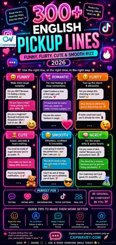 300+ English pickup lines infographic featuring funny, flirty, cute, and smooth pickup lines designed for texting, Instagram, and dating apps in 2026.