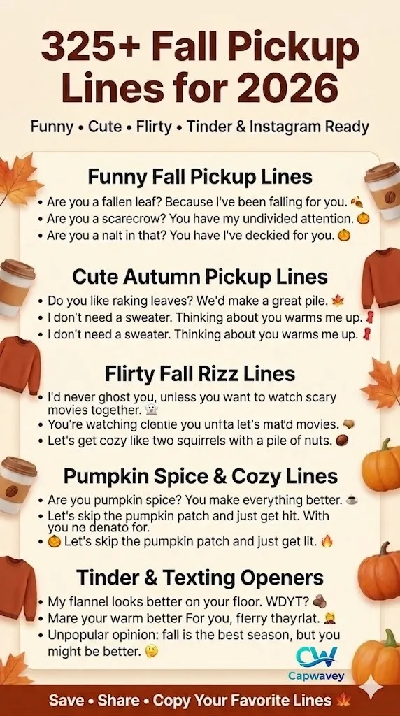 325+ fall pickup lines infographic for 2026 featuring funny, cute, flirty, pumpkin spice, and Tinder-ready autumn rizz lines in cozy aesthetic design.