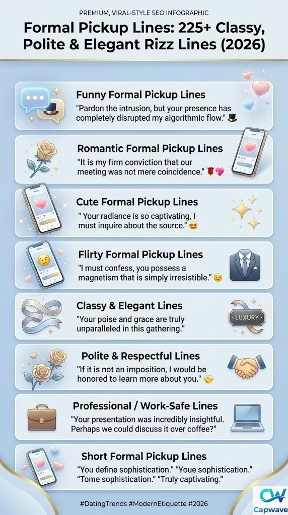 Formal pickup lines infographic featuring 225+ classy, polite, romantic, and elegant rizz lines for dating apps, texting, and social media captions in 2026.