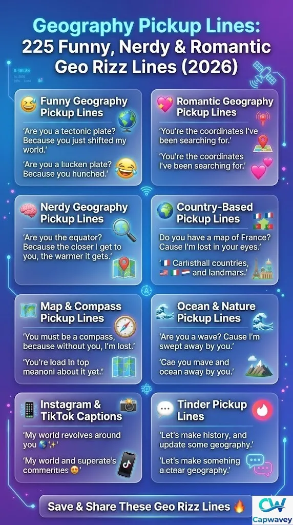 Geography pickup lines infographic featuring funny, romantic, and nerdy geo rizz lines with maps, compass, and travel-themed design in modern neon style.