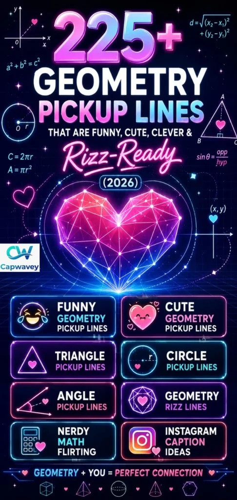 225+ Geometry Pickup Lines infographic featuring funny, cute, clever, triangle, circle, angle, and geometry rizz lines with colorful geometric shapes and modern math-inspired design.