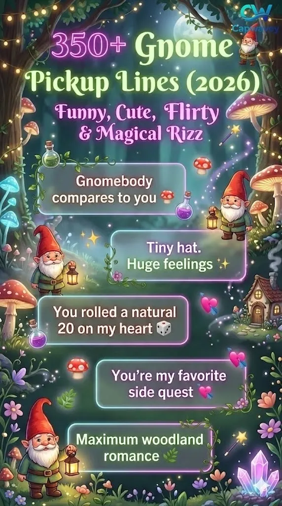 Fantasy-themed infographic featuring funny and cute gnome pickup lines with magical cottagecore aesthetics, garden gnomes, glowing mushrooms, and viral Gen Z rizz quotes.