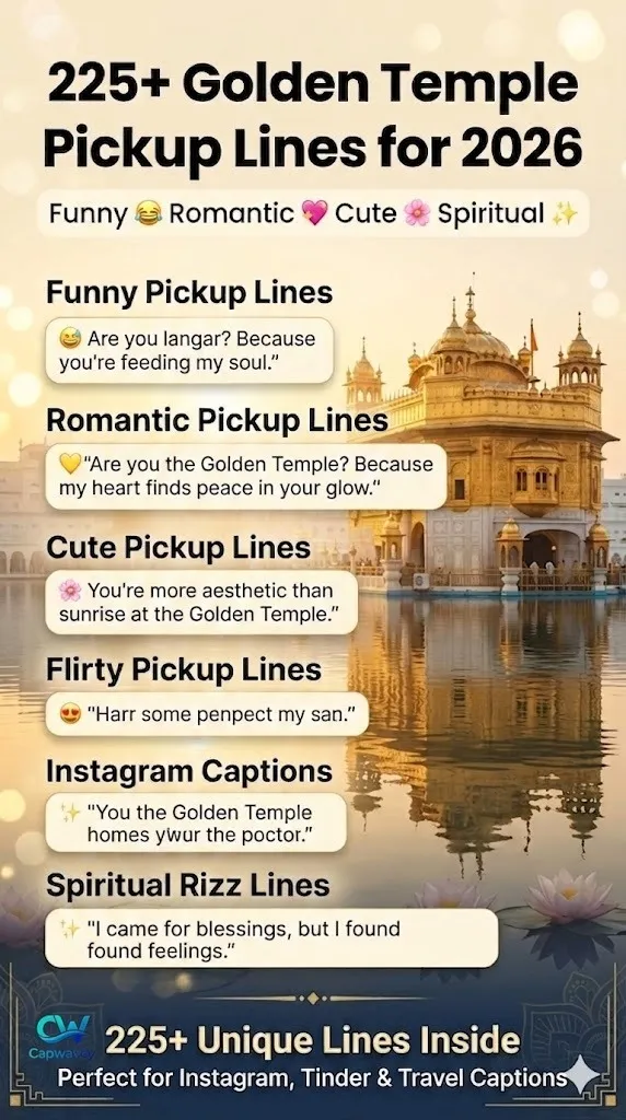 225+ Golden Temple pickup lines infographic featuring funny, romantic, cute, flirty, and spiritual rizz lines inspired by Harmandir Sahib in Amritsar.
