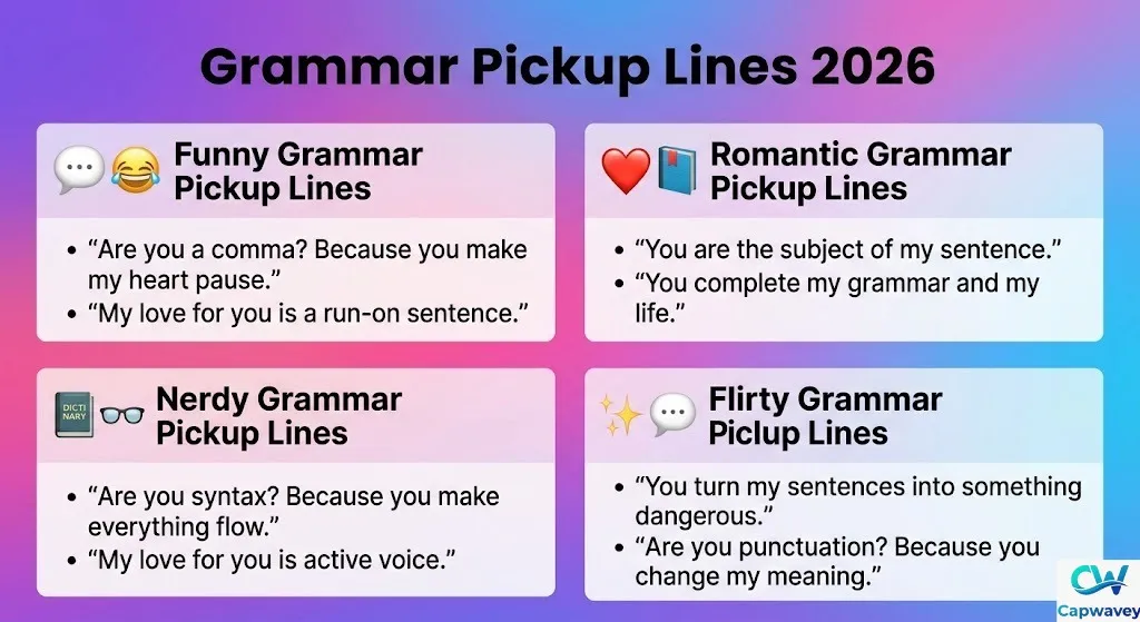 Infographic showing 2026 grammar pickup lines divided into funny, romantic, nerdy, and flirty categories with creative wordplay examples.