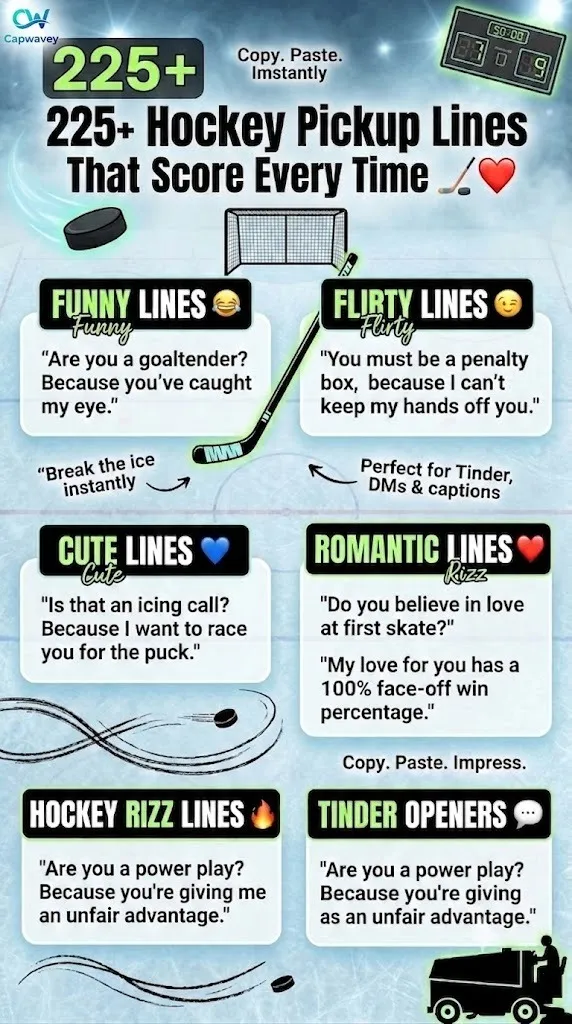 Infographic showing 225+ hockey pickup lines including funny, flirty, cute, romantic, and hockey rizz lines designed for Tinder, captions, and social media conversation starters.