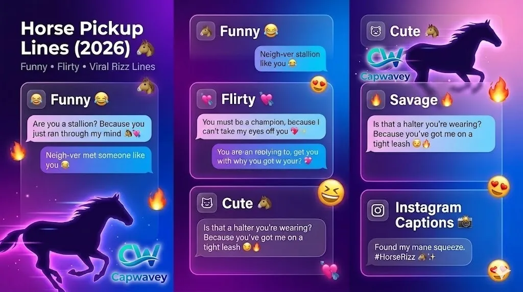 Infographic showing Horse Pickup Lines (2026) with funny, flirty, cute, and savage horse-themed rizz lines in a modern neon chat-style design for social media sharing.