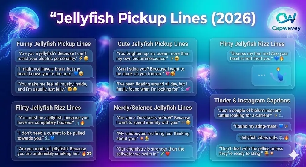 Jellyfish pickup lines infographic featuring funny, cute, and flirty ocean rizz lines with a neon underwater aesthetic for Instagram, Tinder, and viral social media captions 2026.