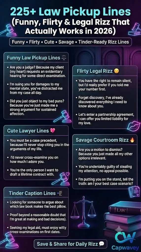 “225+ law pickup lines infographic featuring funny, flirty, and legal rizz quotes for Tinder, Instagram captions, and viral dating humor in 2026”