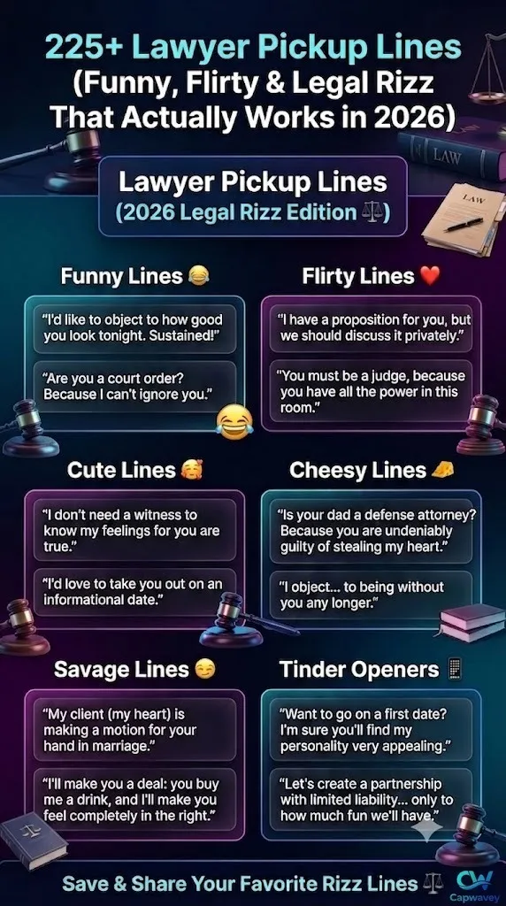Infographic showing 225+ lawyer pickup lines, including funny, flirty, cute, and cheesy legal rizz lines for Tinder, Instagram captions, and dating humor in 2026.