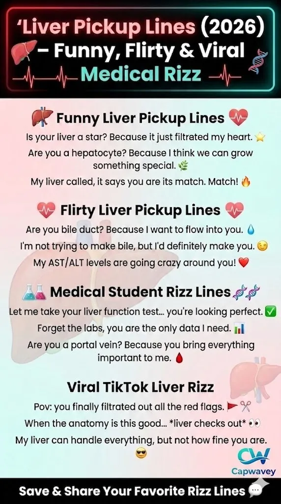Infographic showing funny, flirty, and viral liver pickup lines for 2026, including medical-themed rizz lines, Gen Z humor, and Tinder-style one-liners with a modern aesthetic design.