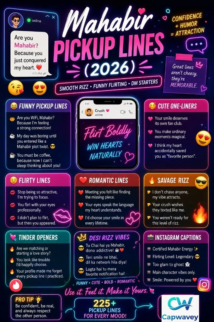 Mahabir Pickup Lines infographic featuring funny, cute, flirty, romantic, and savage rizz lines for Tinder, Instagram captions, texting, and modern flirting in 2026.