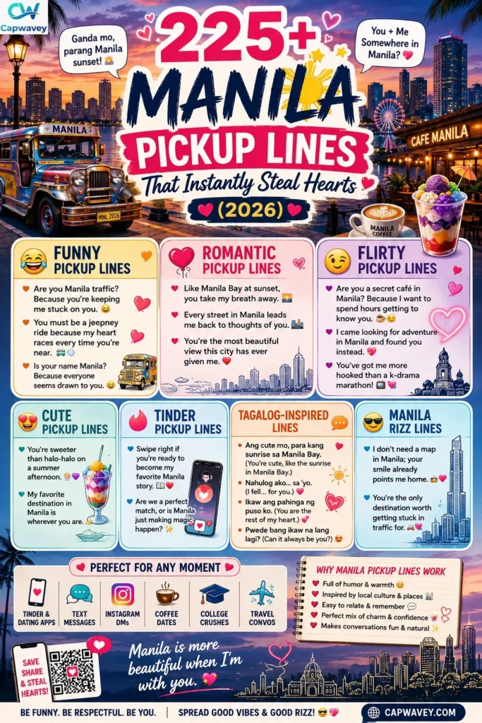 Manila pickup lines infographic featuring funny, romantic, flirty, Tinder, and Tagalog-inspired pickup lines with Manila skyline, Manila Bay, and Filipino culture elements.