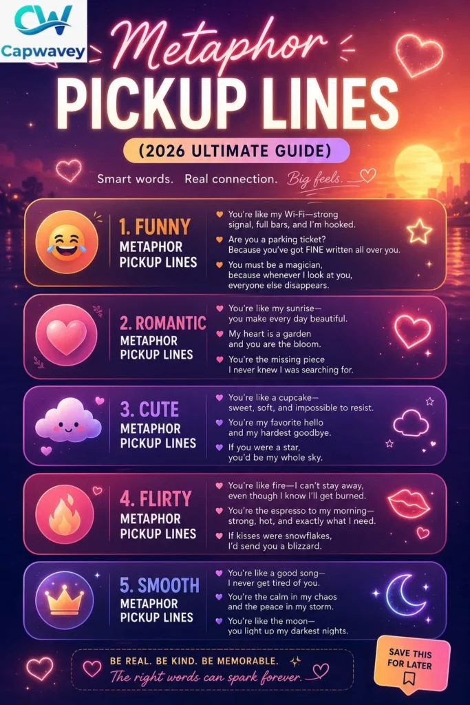 Metaphor pickup lines infographic showing funny, romantic, cute, flirty, and smooth rizz lines in a modern 2026 Gen-Z aesthetic design with soft neon and sunset colors.