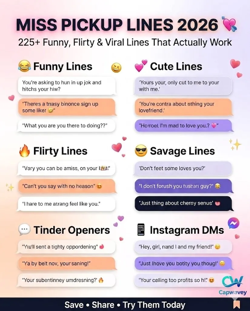 Infographic showing 225+ Miss Pickup Lines 2026, including funny, flirty, cute, savage, Tinder and Instagram DM openers for modern dating conversations.
