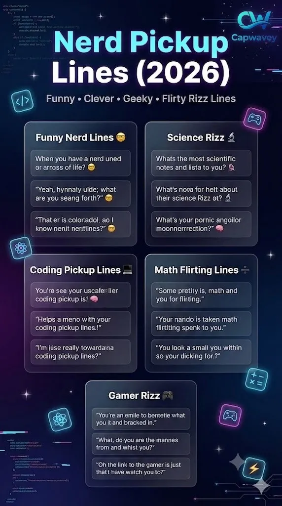 Nerd pickup lines infographic showing 350+ funny, clever, geeky, and flirty rizz lines for Tinder, Instagram, and dating apps in 2026 with modern neon design.