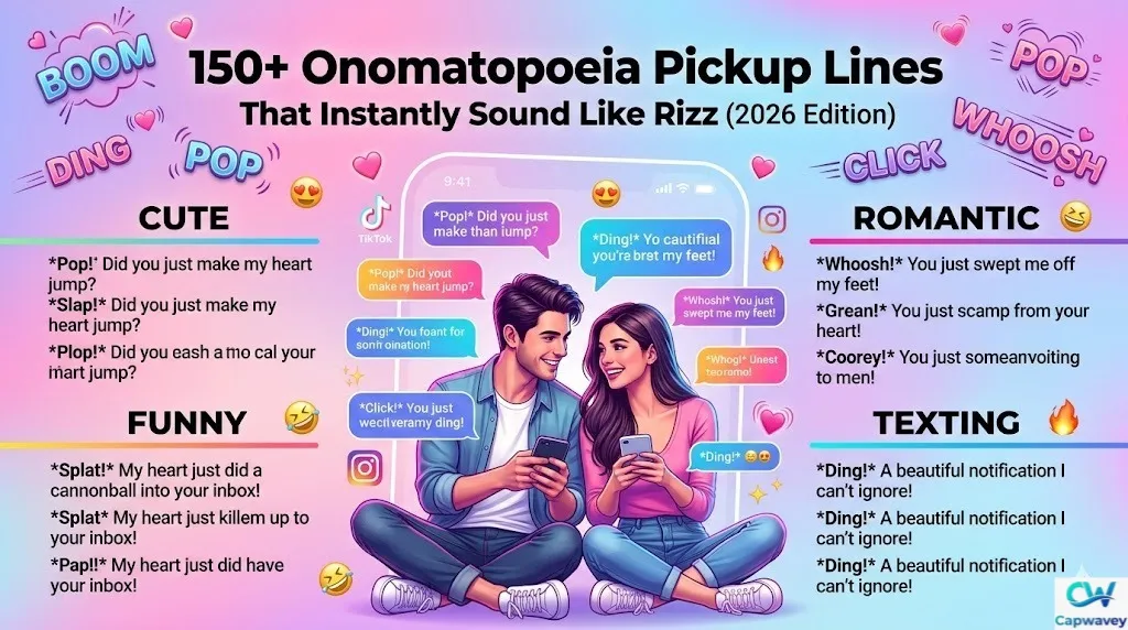 Infographic showing 150+ onomatopoeia pickup lines with fun sound effects like boom, ding, and click in a colorful romantic Gen-Z-style design.