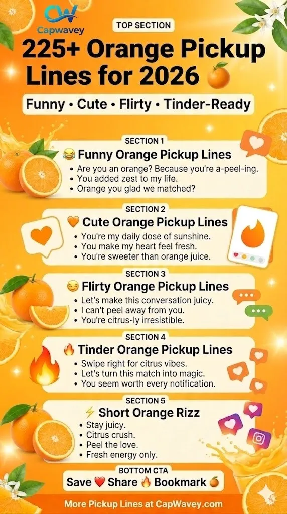 Infographic featuring 225+ orange pickup lines for 2026, including funny, cute, flirty, Tinder-ready, and short citrus-themed rizz lines with bright orange and yellow citrus-inspired design elements.
