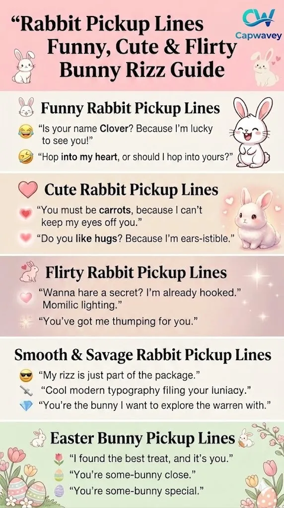 Rabbit Pickup Lines infographic showing funny, cute, flirty, smooth, savage, and Easter bunny rizz lines for Tinder, texting, and social media flirting in 2026.
