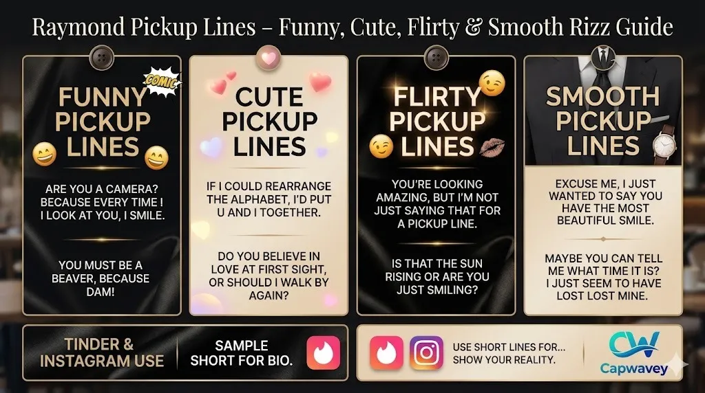 Raymond Pickup Lines infographic showing funny, cute, flirty, smooth, and Tinder-ready rizz lines in a stylish modern layout.