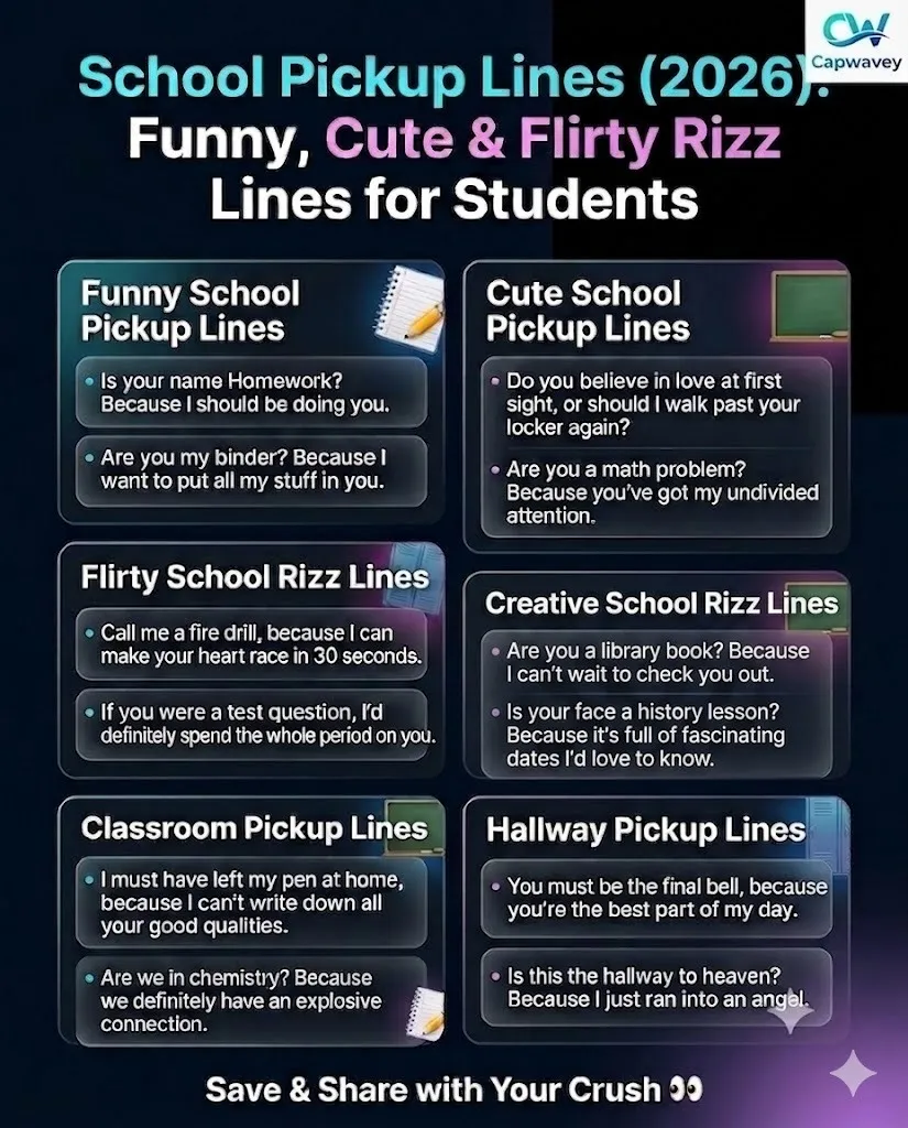 School pickup lines infographic 2026 featuring funny, cute, and flirty rizz lines for students, classrooms, and hallways, in a modern Instagram- and Pinterest-viral design.