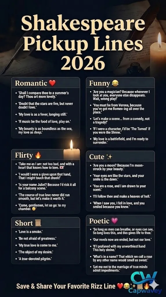 Shakespeare pickup lines infographic 2026 featuring funny, romantic, flirty, and poetic rizz lines inspired by William Shakespeare for Tinder, Bumble, Instagram, and modern dating apps.