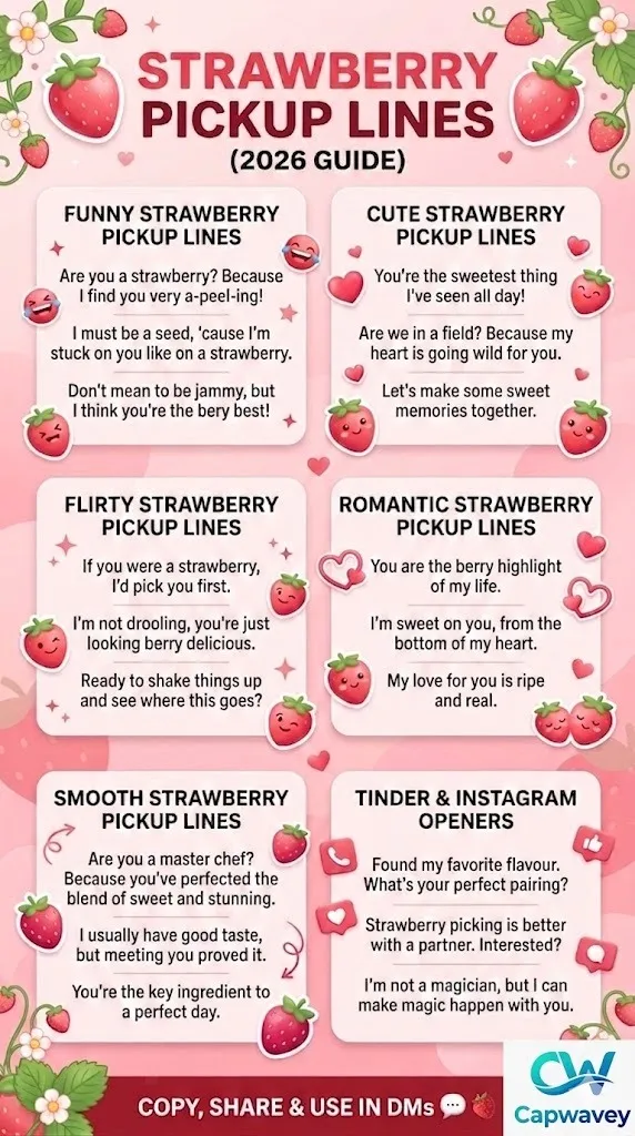 Strawberry pickup lines infographic showing funny, cute, flirty, romantic, and smooth berry rizz lines for texting, Tinder, and Instagram captions in a pink aesthetic design.