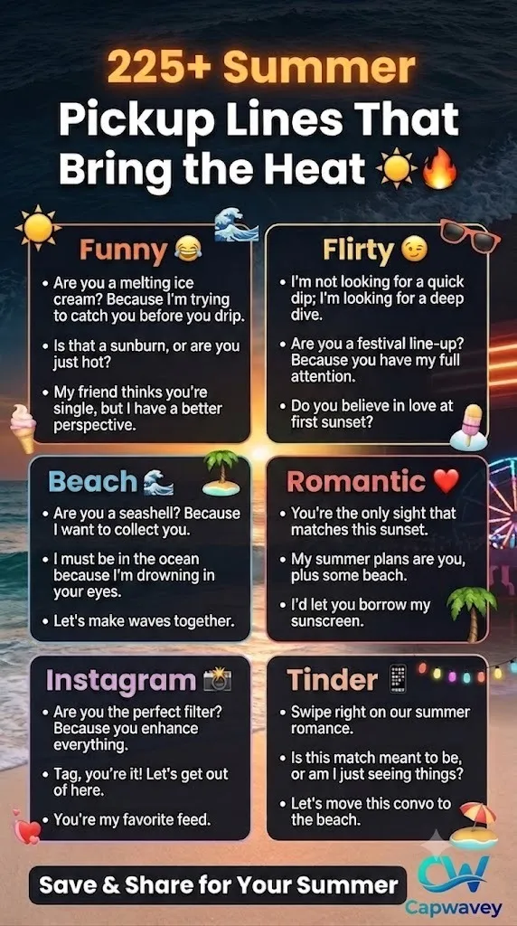 225+ summer pickup lines infographic featuring funny, flirty, beach, romantic, and Instagram-ready rizz lines with a vibrant summer aesthetic design.