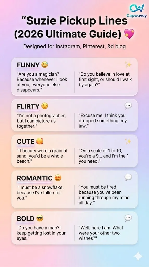 Infographic showing Suzie pickup lines 2026 guide with funny, flirty, cute, romantic, and bold rizz lines designed for Tinder, Instagram, and dating apps.