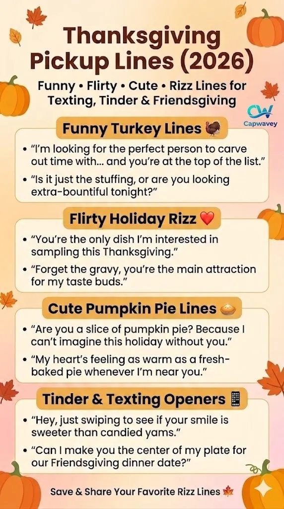 Thanksgiving Pickup Lines 2026 infographic showing funny, flirty, cute, and rizz lines for Tinder, texting, and Friendsgiving in a warm autumn design.