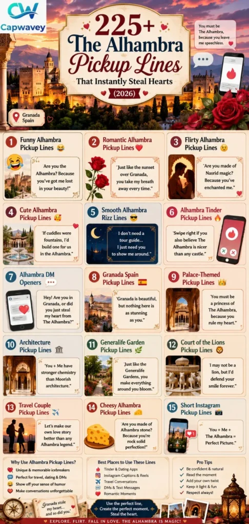 225+ The Alhambra pickup lines infographic featuring romantic, funny, flirty, and Tinder-inspired rizz lines with Granada, Generalife Gardens, Court of the Lions, and palace-themed designs.