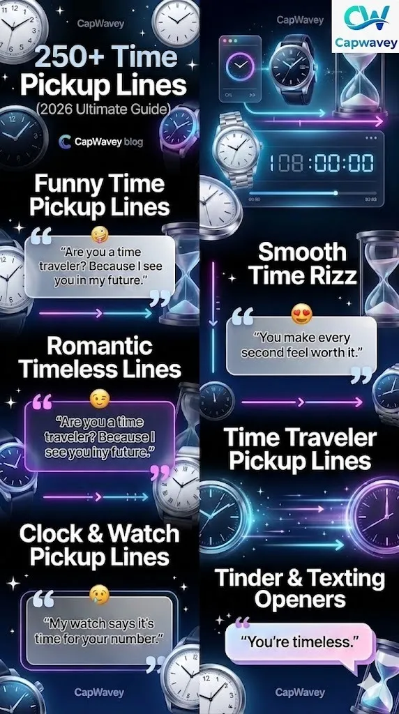 Infographic featuring 250+ time pickup lines including funny, flirty, romantic, clock-themed, and time traveler rizz lines for Tinder, texting, and Instagram captions.