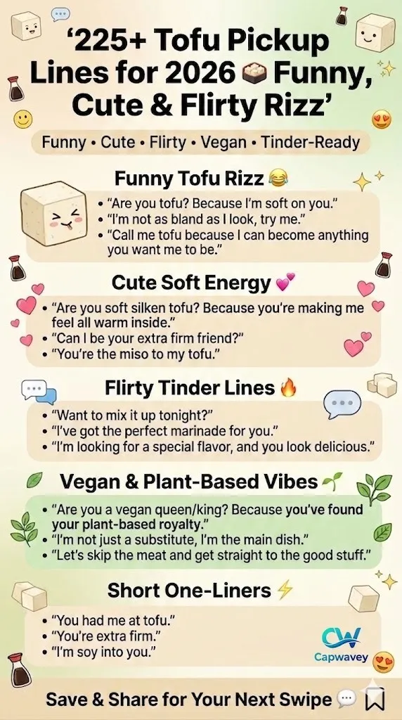 225+ tofu pickup lines infographic featuring funny, cute, flirty, and vegan rizz lines for Tinder, Instagram captions, and dating app conversations in 2026.