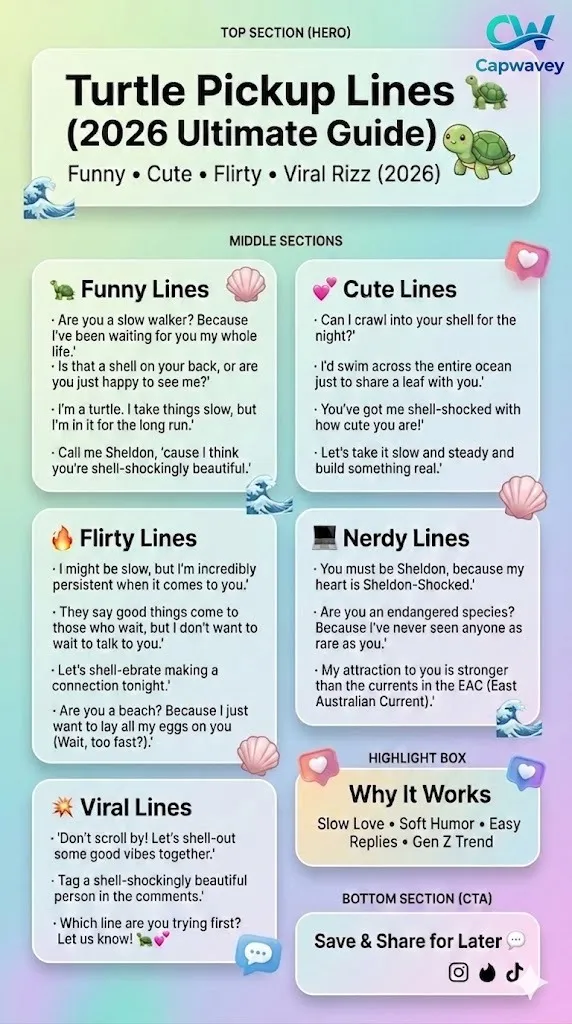 Turtle pickup lines infographic featuring funny, cute, flirty, and viral rizz lines for Tinder, Instagram, and modern dating apps in 2026.