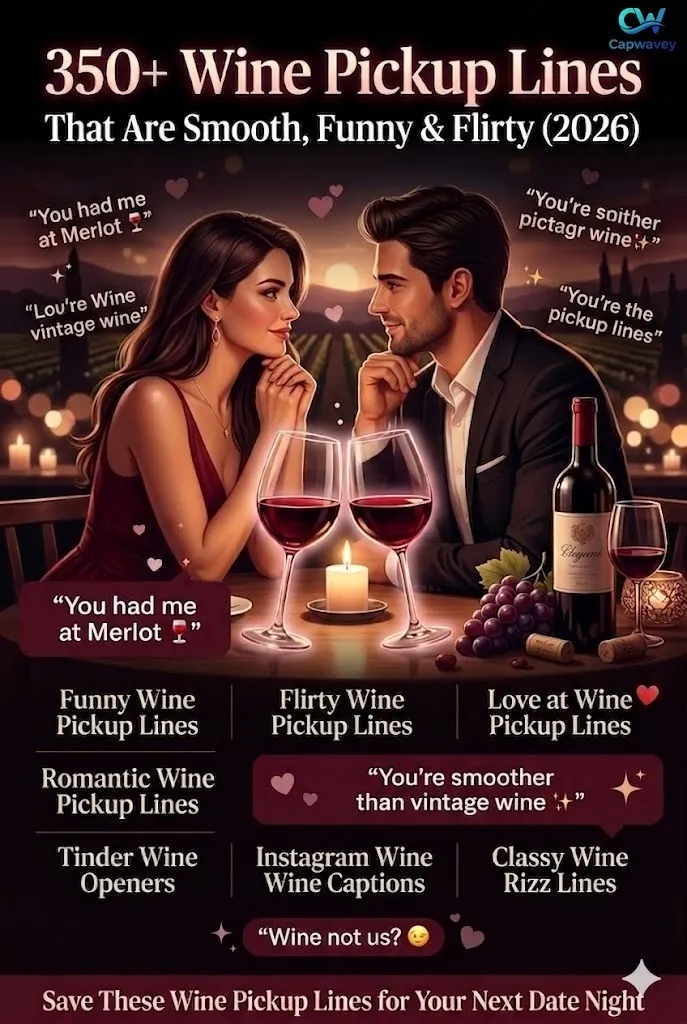 Luxury wine-themed infographic featuring romantic, funny, and flirty wine pickup lines with elegant vineyard date aesthetics and Instagram-style typography.